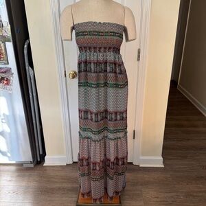 Vertigo Boho Strapless Maxi Dress XS Multicolor Smocked Festival Travel Vacation